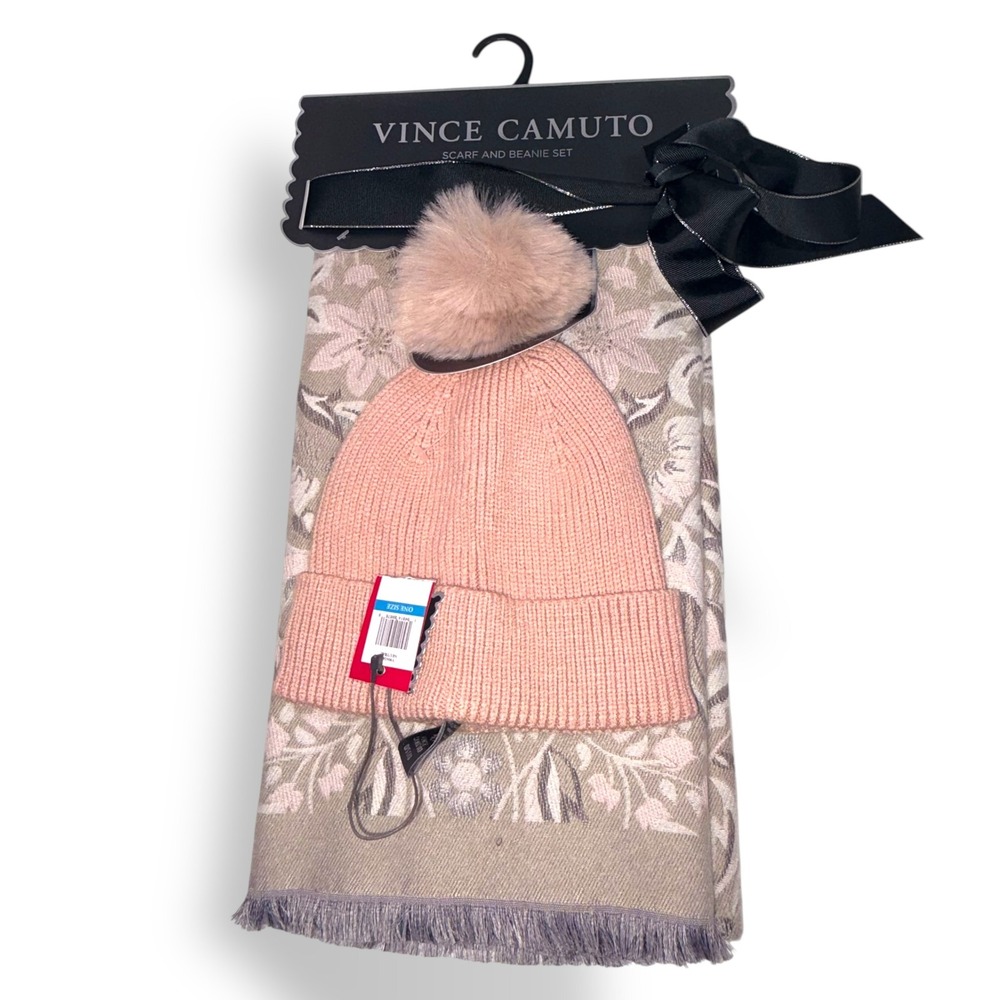 Vince Camuto Scarf and Beanie Set OS Pink Taupe Floral Damask Pom Pom NWT